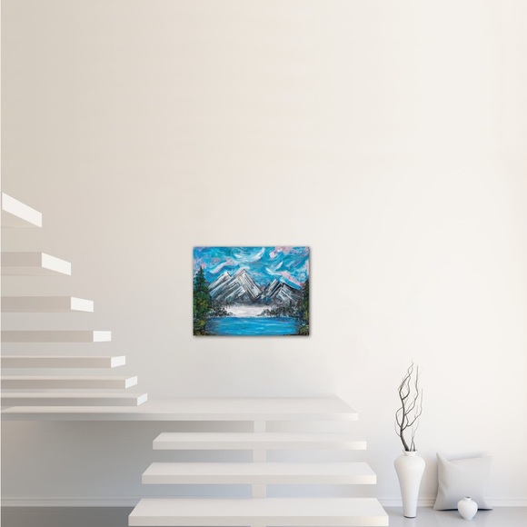 Winter wonderland, mountains with ice and trees, nature, original small painting - Picture 7 of 7